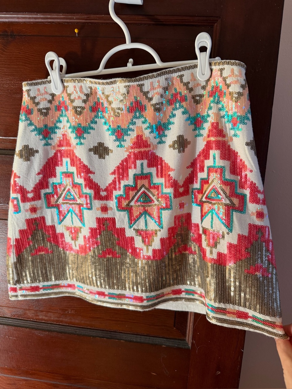Sequin Embellished Southwestern Print mini skirt - White with Turquoise & Coral